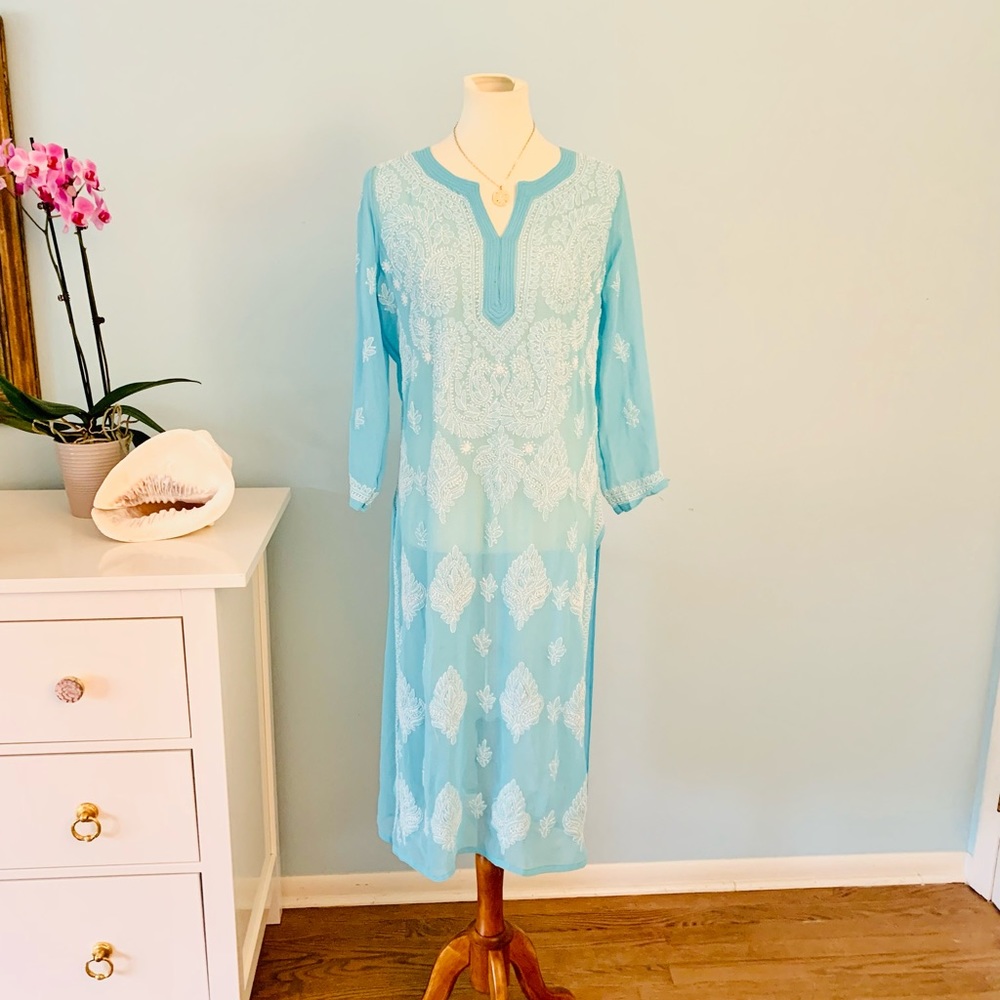 Stunning Hand Embroidered Turquoise Sheer Cover up